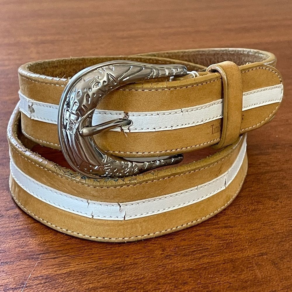 Vintage Timberland Leather Belt Tan and White With Silver Ornate Buckle